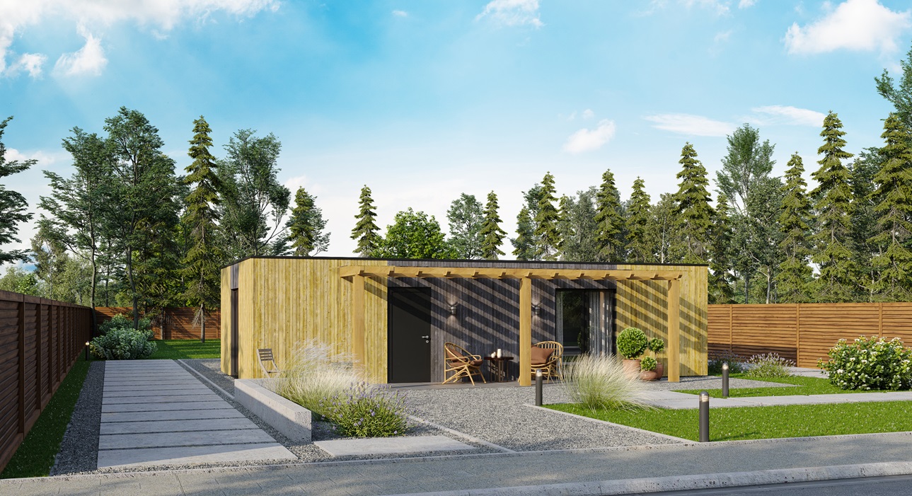 Vivienda modular compacta con diseño funcional para maximizar el espacio disponible.