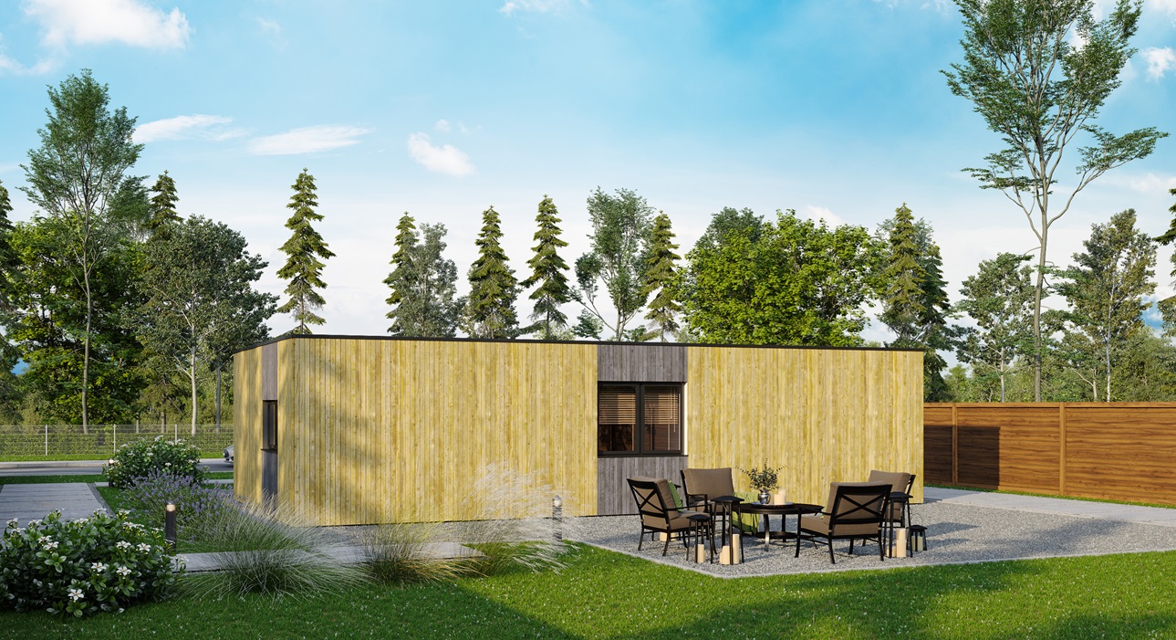 Casa modular moderna con terrazas y balcones que ofrecen vistas panorámicas.