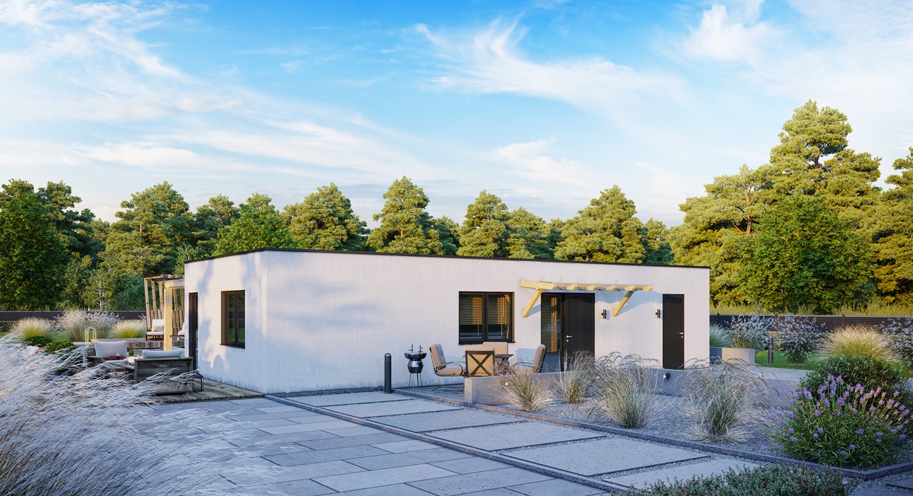 Vivienda modular sostenible con una arquitectura que minimiza el impacto ambiental.