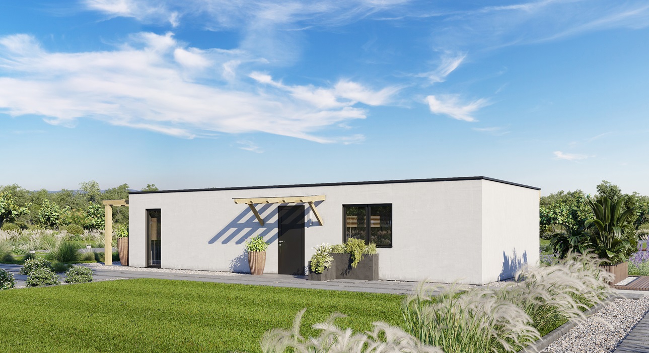 Casa modular prefabricada con diseño abierto y funcional, ideal para maximizar el uso del espacio.
